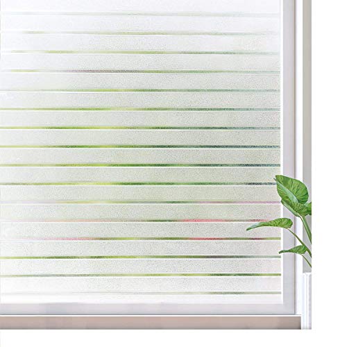 Product Cover rabbitgoo Frosted Window Film Static Cling Decorative Glass Film UV Protection Window Privacy Film Non Adhesive Window Cling for Home Office Meeting Room, Frosted Stripe Patterns, 17.5 x 78.7 inches