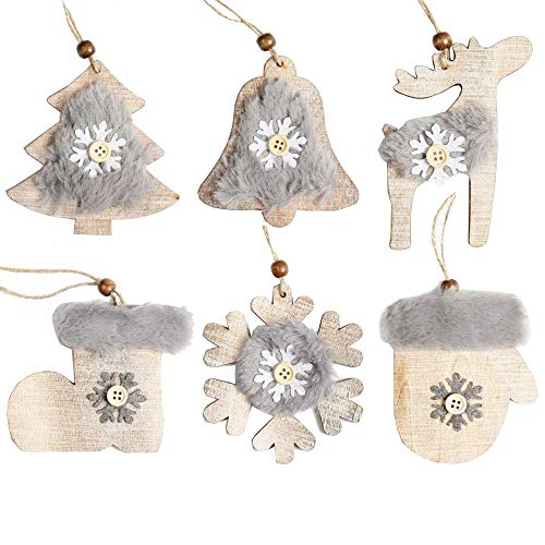 Product Cover tyoungg White Christmas Ornaments Rustic Wood Christmas Tree Ornaments Hangings Home Arch Tableware Decoration Indoor Outdoor Christmas Ornament Tree Hangs (Wood and Fur 6 pcs Ornaments)