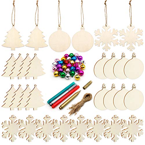 Product Cover Unfinished Christmas Wooden Ornaments,30PCS Christmas Tree Ornaments 3 Style Natural Wood Slices for Kids DIY Art Crafts, 30pcs Jute Twine 30 Colorful Bells Christmas Gift Decoration