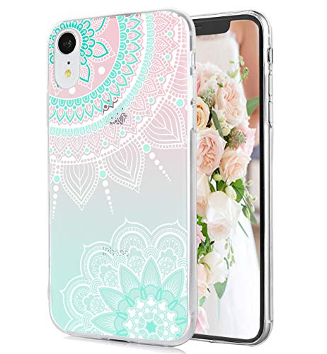 Product Cover iPhone XR Case Cute Lace Paisley Floral Gradient Pink Cyan Mandala Pattern Clear IMD Hybrid Hard TPU Shockproof Phone Cases for Women Girls[6.1