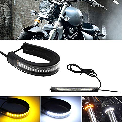 Product Cover Ramanta Bike & Motorcycle 2 PCs Flexible Switchback Dual-Color White & Amber LED Fork Turn Signal DRL Daytime Running Light Waterproof Adjustable Strips Bars kit Universal Fit for Bikes (Set of 2)