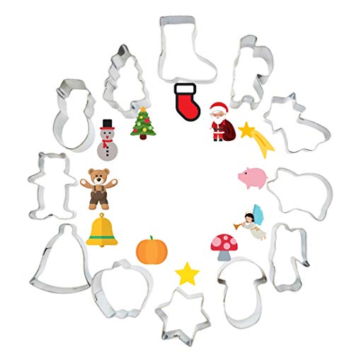 Product Cover Winter Christmas Cookie Cutter Set (12 Pieces) Mini Stainless Steel Holidays Cookies Molds Favorite Holiday Shapes including Christmas tree, Christmas stocking, Santa Claus, Bell, Star