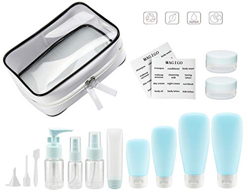 Product Cover MAGIGO Blue Toiletries Leak Proof Travel Bottle Set (16 Pack), TSA Approved Airline Carry-On with Clear Bags for Women
