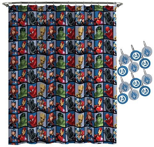 Product Cover Jay Franco Marvel Avengers Team Shower Curtain & 12-Piece Hook Set & Easy Use (Official Marvel Product)