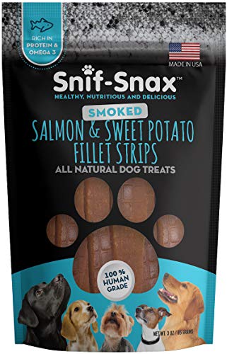 Product Cover Snif-Snax Healthy Dog Treats - All-Natural Smoked Salmon & Sweet Potato Fillet Strips, 3 oz.