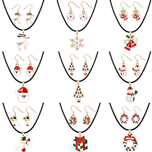 Product Cover Christmas Jewelry Set gifts for Womens Girls,Thanksgiving Xmas Holiday Jewelry Leather Choker pendant Necklace Drop Dangle Earrings Set Christmas Snowman Snowflake Sock Santa Claus Christmas Tree Bell