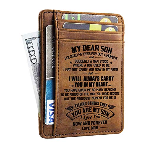 Product Cover Minimalist Wallets Gift for Son from Mom - Engraved Leather Front Pocket Wallet - Custom Wallet RFID Blocking (A - Mom to Son)