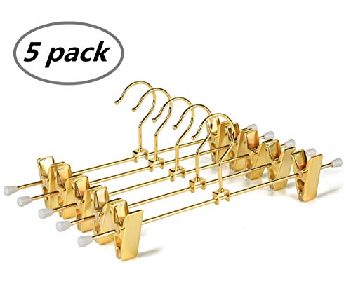 Product Cover Amber Home 5 Pack-Shiny Gold 12 Inch Metal Slacks Pants and Skirt Hanger with Adjustable Clips Hang Rack with Hook (5)