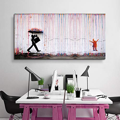 Product Cover Banksy Canvas Print Colorful Rain Graffiti Wall Art Print Gallery Wrapped Image Mural Artwork for Home Decoration Modern Framed Poster Gift (Banksy Artwork 5, 20x40 Inch)