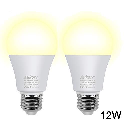 Product Cover Motion Sensor Light Bulbs, Aukora 12W (100-Watt Equivalent) E26 Motion Activated Dusk to Dawn Security Light Bulb Outdoor/Indoor for Front Door Porch Garage Basement Hallway Closet(Warm White 2 Pack)