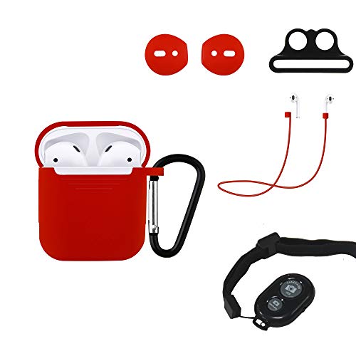 Product Cover Riqiorod AirPods Case Protective Silicon Cover Skin Carrying Case, with Keychain, Ear Hook/Tips, Strap, AirPods Watch Band Holder, Phone Shutter and Anti Lost Strap (Red)