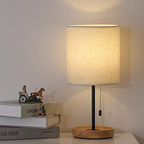 Product Cover Modern Table Lamp, Nightstand Desk Lamp, Bedside Lamp with Wood Base and Linen Shade for Living Room, Bedroom, Office, College Dorm