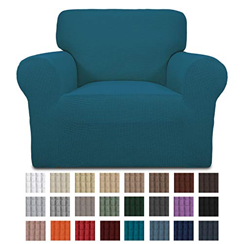 Product Cover Easy-Going Stretch Chair Sofa Slipcover 1-Piece Couch Sofa Cover Furniture Protector Soft with Elastic Bottom for Kids. Spandex Jacquard Fabric Small Checks(Chair,Peacock Blue)