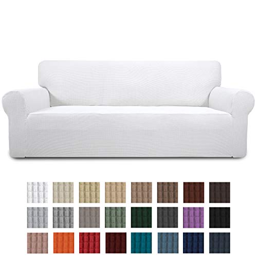 Product Cover Easy-Going Stretch Sofa Slipcover 1-Piece Couch Sofa Cover Furniture Protector Soft with Elastic Bottom for Kids, Spandex Jacquard Fabric Small Checks(Sofa,Snow White)