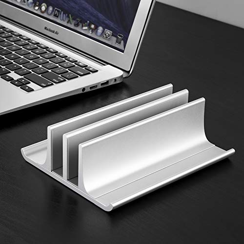 Product Cover Double Adjustable Vertical Laptop Stand Newly Designed 2 Slot Aluminum Desktop Dual Holder for All MacBook/Chromebook/Surface/Dell/iPad Up to 17.3 Inches - Silver......