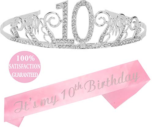 Product Cover MEANT2TOBE 10th Birthday Tiara and Sash Silver, Happy 10th Birthday Party Supplies, It's My 10th Birthday and Crystal Tiara Birthday Crown for 10th Birthday Party Supplies and Decorations (Silver)