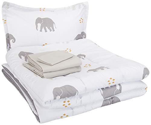 Product Cover AmazonBasics Easy Care Super Soft Microfiber Kid's Bed-in-a-Bag Bedding Set - Twin, Grey Elephants