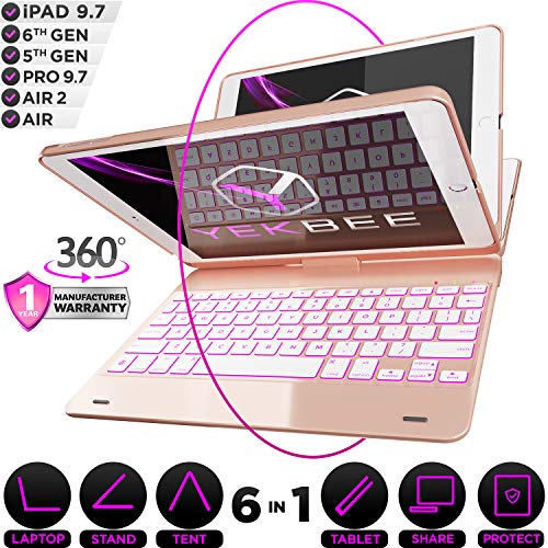 Product Cover iPad Keyboard Case for iPad 2018 (6th Gen) - iPad 2017 (5th Gen) - iPad Pro 9.7 - iPad Air 2 & 1 - Thin & Light - 360 Rotatable - Wireless/BT - Backlit 10 Color - iPad Case with Keyboard (Rose Gold)