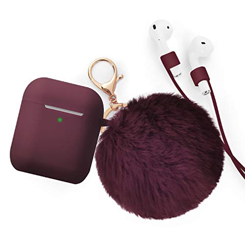 Product Cover Airpods Case - BlUEWIND Drop Proof Air Pods Protective Case Cover Silicone Skin for Apple Airpods 2 & 1 Charging Case, Cute Fur Ball Airpods Keychain/Strap, Burgundy