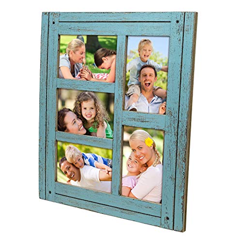 Product Cover Collage Picture Frames from Rustic Distressed Wood: Holds Five 4x6 Photos: Ready to Hang or use Tabletop. Shabby Chic, Driftwood, Barnwood, Farmhouse, Reclaimed Wood Picture Frame Collage (Blue)