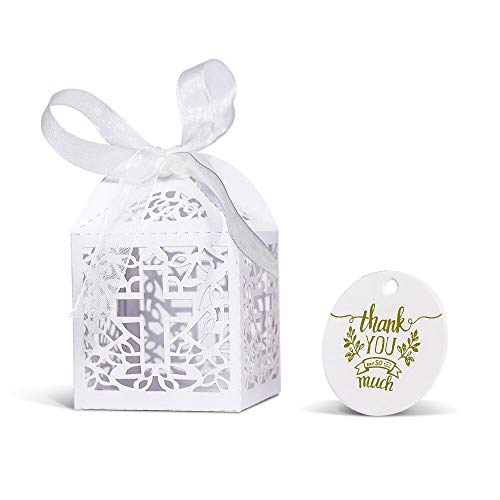 Product Cover KAZIPA 50PCS Baptism Favor Boxes, 2.2''x2.2''x2.2''Laser Cut Favor Boxes with 50 Ribbons 50 Thank You Tags for Baby Shower Favors Baptism Decorations First Birthday Party