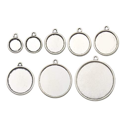 Product Cover About 32pcs Double Side Antique Silver Round Blank Bezel Pendant Trays Base Cabochon Settings Trays Pendant Blanks for Jewelry Making DIY Findings M172