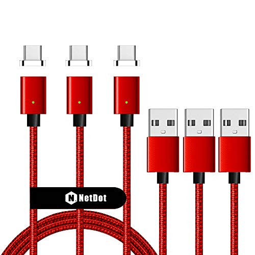 Product Cover Netdot Gen7 Nylon Braided USB-C Magnetic Charging Cable Compatible Galaxy S8/S9/S9+,Sony Xperia XA2/XZ1/XZ2,Google Pixel XL/2XL,LG G5/G6 etc(5ft Type-C/3 Pack red)