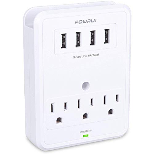 Product Cover USB Wall Charger, Surge Protector, POWRUI 3 Outlet Wall Mount Adapter with 4 USB Ports Charging Station (30W) Compatible iPhone Xs/XS Max/XR/X/8/7/6/Plus, Pro/Air 2/Mini 3/Mini 4, Samsung S4/S5, 6A