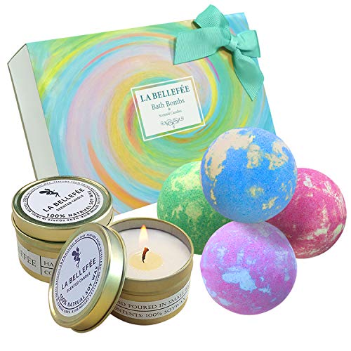 Product Cover LA BELLEFÉE Bath Bombs Gift Set, Perfect for Bubble Bath Fizzy Spa to Moisturize Dry Skin. Gift Ideas for Women, Lovers, Girlfriend (4 x 4.1 oz Bath Bombs + 2 x Scented Candles)