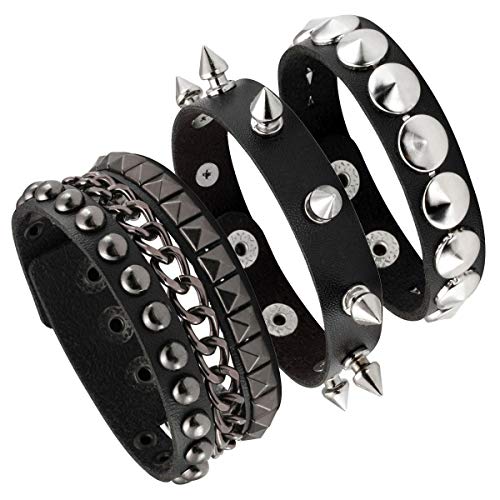 Product Cover Eigso 3 Pcs Leather Bracelet of Punk Rock Rivet Wrap Retro Unisex Spike Bracelet Adjustable