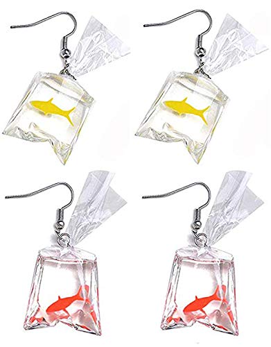 Product Cover Funny Goldfish Earrings, Water Bag Shape Dangle Hook Earrings Charm Jewelry Gift Earrings for Women Girls- 2 Pairs (One Red& One Yellow)
