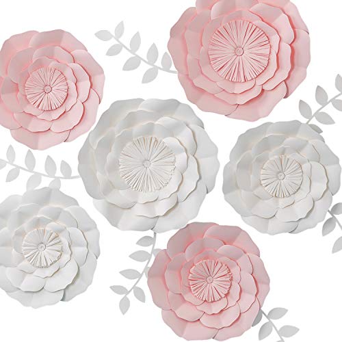 Product Cover KEY SPRING 3D Paper Flower Decorations, Giant Paper Flowers, Large Handcrafted Paper Flowers (Pink, White, Set of 6) for Wedding Backdrop, Bridal Shower, Wedding Centerpieces, Nursery Wall Decor