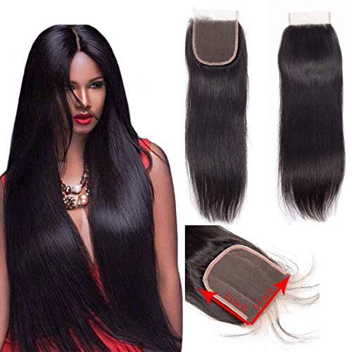 Product Cover Brazilian Human Hair Straight Wave 5X5 Lace Closure Front With Baby Hair Free Part Silky Lace Base Unprocessed Virgin Remy Hair Extensions Sew In Hair Natural Color（18 Closure）