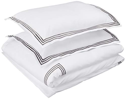 Product Cover AmazonBasics Embroidered Hotel Stitch Duvet Cover Set - Premium, Soft, Easy-Wash Microfiber - King, White with Dark Grey Embroidery