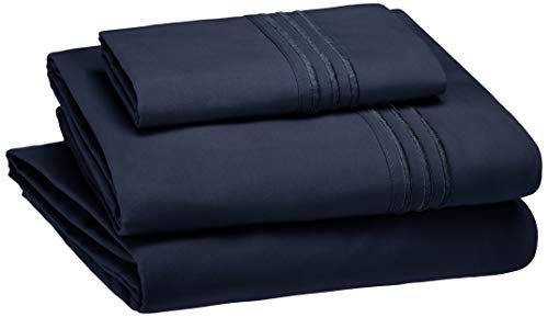 Product Cover AmazonBasics Embroidered Hotel Stitch Sheet Set - Premium, Soft, Easy-Wash Microfiber - Twin, Navy Blue