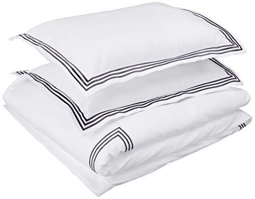 Product Cover AmazonBasics Embroidered Hotel Stitch Duvet Cover Set - Premium, Soft, Easy-Wash Microfiber - Full/Queen, White with Navy Blue Embroidery