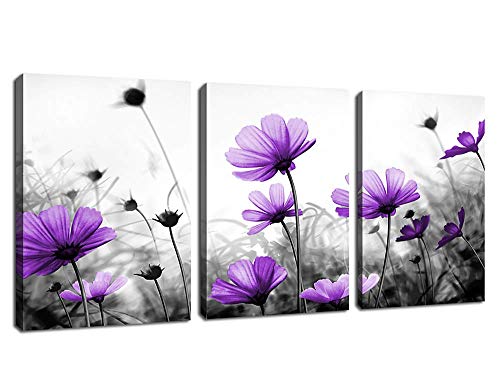 Product Cover Flowers Wall Art Canvas Pictures Purple Wildflowers Black and White Background 3 Piece Canvas Art Blossom Contemporary Artwork for Home Decoration Office Kitchen Wall Decor 12