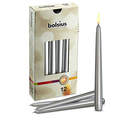 Product Cover BOLSIUS Long Household Silver Taper Candles - 10-inch Unscented Premium Quality Wax - 7.5 Hour Long Burning Dripless Candles Bulk Pack of 12 for Home Decor, Wedding, Parties and Special Occasions