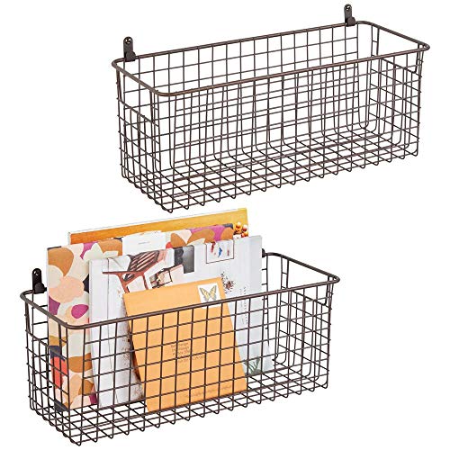 Product Cover mDesign Portable Metal Farmhouse Wall Decor Storage Organizer Basket Bin with Handles for Hanging in Entryway, Mudroom, Bedroom, Bathroom, Laundry Room - Wall Mount Hooks Included, 2 Pack - Bronze