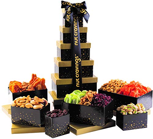 Product Cover Valentines Day Gift Basket Dry Fruit and Nut Gift Tower, Gourmet Mix of 12 Assorted Variety Snacks Individual Boxes, Vday Food Present For Her, Him, Women, Boy Girl, Prime Delivered Tomorrow