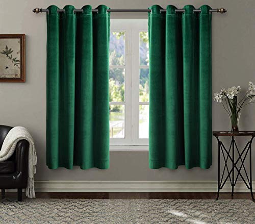 Product Cover SINGINGLORY Green Velvet Curtains 52 x 63 Inch, Blackout Thermal Insulated Grommet Window Curtain 2 Panels Set for Bedroom and Living Room (W52 xL63, Dark Green)