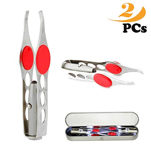 Product Cover tweezers with light,led tweezers,Professional Tool Led Light Stainless Steel Eyebrow Tweezer Hair Removal Makeup Tools,2pcs