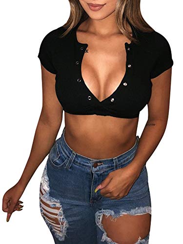 Product Cover YMDUCH Women's Sexy V Neck Short Sleeve Cut Out Ribbed Casual Basic Crop Top