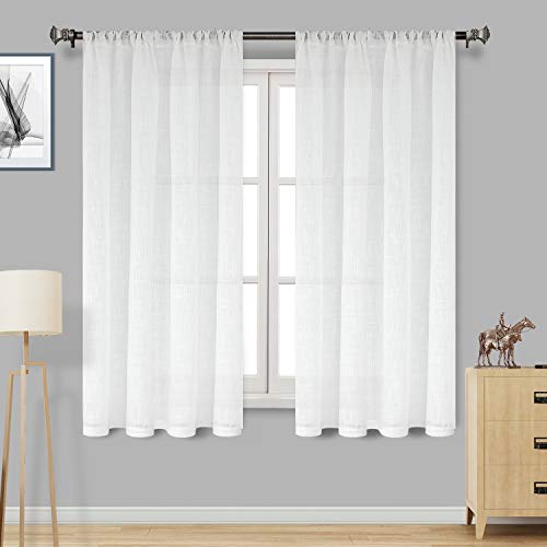 Product Cover DWCN White Faux Linen Sheer Curtains - Textured Semi Voile Bedroom and Living Room Curtains, Set of 2 Rod Pocket Curtain Panels, 52 x 63 Inch Length