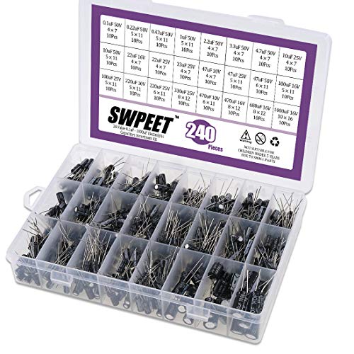 Product Cover Swpeet 240Pcs 24 Kinds Different Electrolytic Capacitors Range 0.1uF－1000uF Assortment Kit, 10V/16V/25V/50V Aluminum Radial Leads Electrolytic Capacitors for TV, LCD Monitor, Radio, Stereo, Game