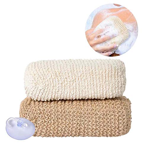 Product Cover Exfoliating Body Scrubber - BAWESO Back Scrub Bath Exfoliator, Cleansing Sponge Pads and Cloth of Natural Fibers for Women Mens Spa Shower (2 Pack)