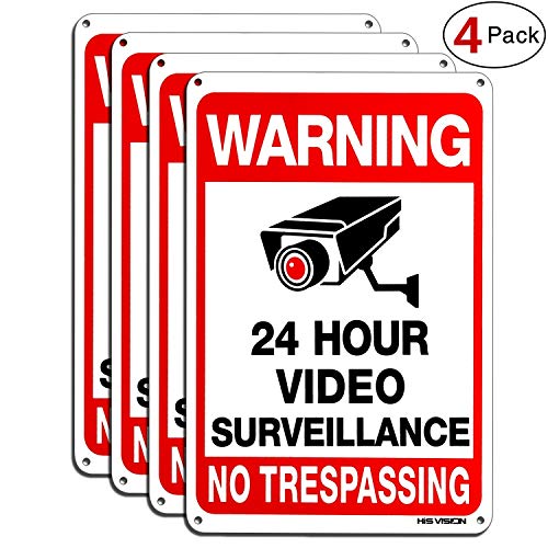 Product Cover HISVISION Video Surveillance Sign 4-Pack, No Trespassing Metal Reflective Warning Sign,UV Protected & Waterproof, 10