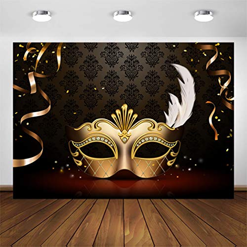 Product Cover COMOPHOTO Masquerade Photography Backdrops Golden Mask Dark Retro Pattern Stage Photo Background for Birthday Party Banner Decoration