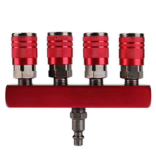 Product Cover Hromee 4-Way Straight Air Manifold 5 Ports Aluminum Industrial Pneumatic Air Compressor Quick Connect Socket In Line Type Air Hose Splitter with 4 Couplers and 1/4