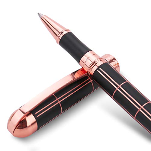 Product Cover Rose Gold Gel Ink Rollerball Pen With Black Ink Medium Point - Geometric Stripe Style,Copper Grip Metal Pens in Adorable Box with 2 Pen Refills (Rose)